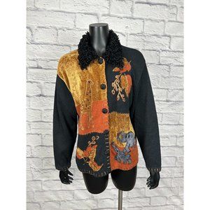 Lisa International Sweater Button Up Cardigan Elephants Giraffe Fall Leaves Sz L